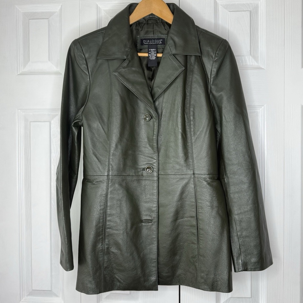 Dialogue Ladies Size Xsmallโ XS Dark Olive Button Up Leather Jacket Coat